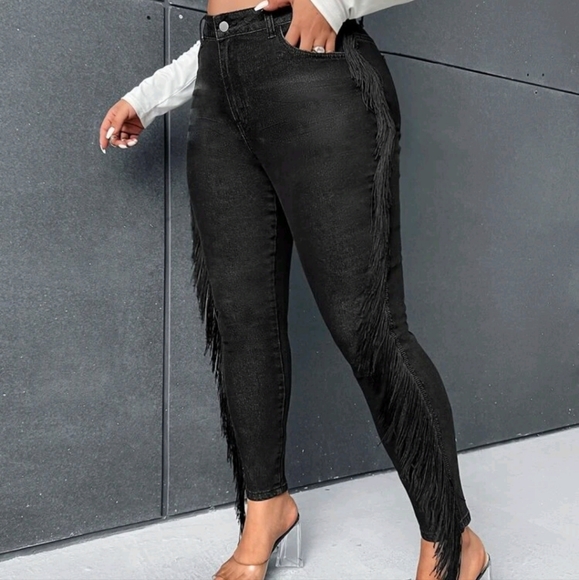 NEW PLUS SZ HI-WAIST FRINGE TRIM SKINNY JEANS - Picture 4 of 6